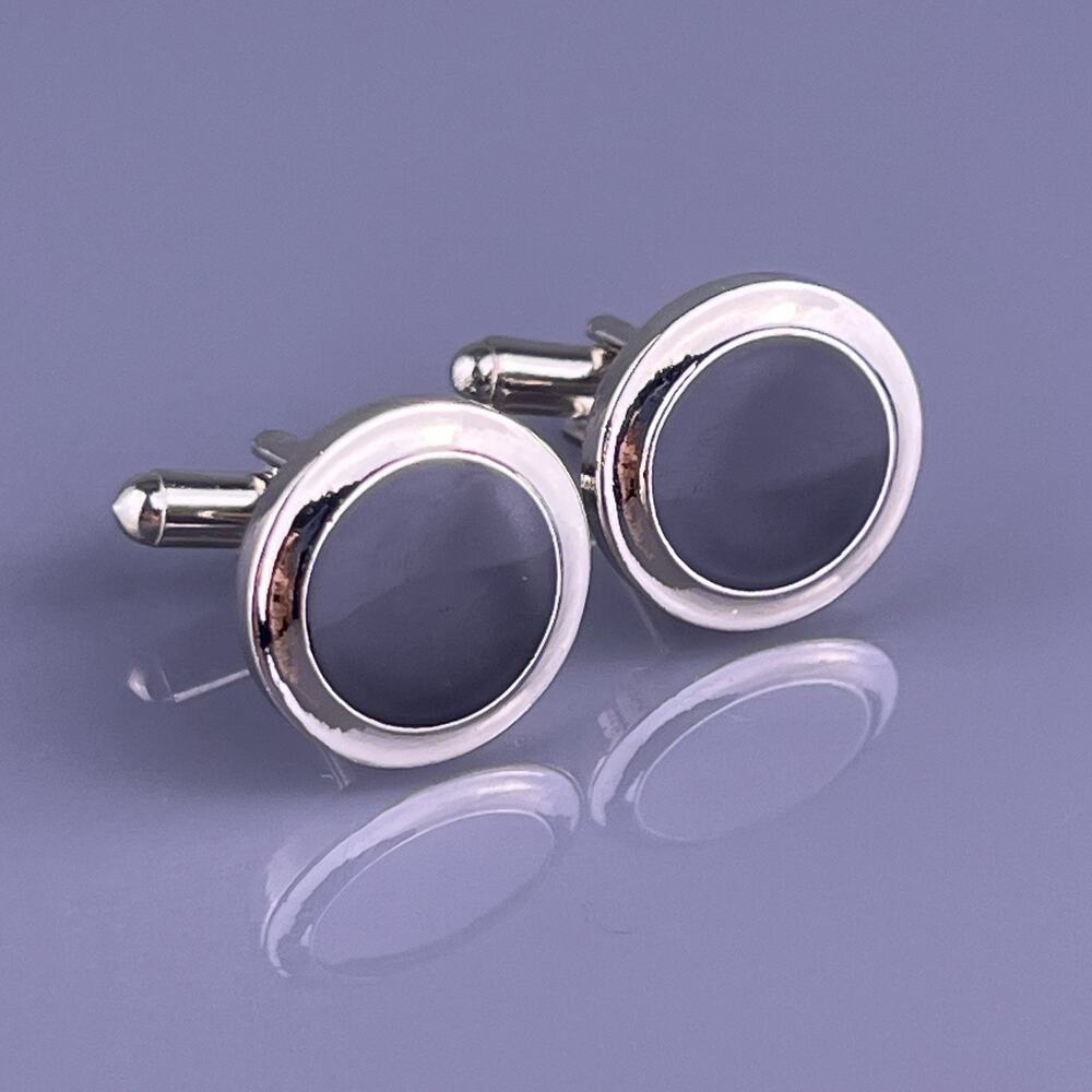 Simple Obsidian Glass Cufflinks Silver Tone Black Plain Round Vintage